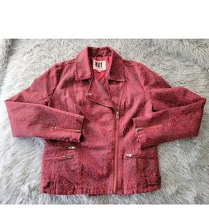 Kut From The Kloth Faux Suede Red Animal Print Moto Jacket Leopard Maroon L